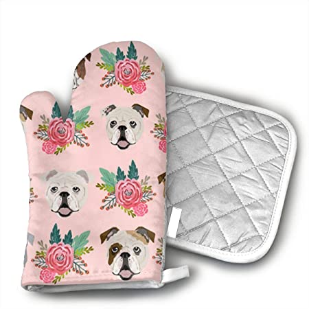 QEDGC English Bulldog Pink Florals Oven Mitts, with The Heat Resistance of Silicone and Flexibility of Cotton, Recycled Cotton Infill, Terrycloth Lining,