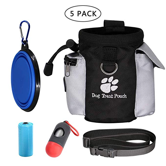 Dog Snack Bag Training Bag with Adjustable Waist Belt, Collapsible Bowl and Built-in Poop Bag Dispenser,Easily Carries Pet Toys, Kibble, Treats,Keys etc. Easily Access to Rewards