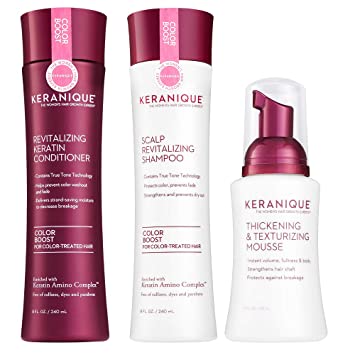 Keranique Hair Thicker Stronger Hair 60 Days System with Keratin Shampoo, Conditioner and Texturizing Mousse for Colored Thinning Hair, Paraben/Sulfates Free, Maintains Body and Volume
