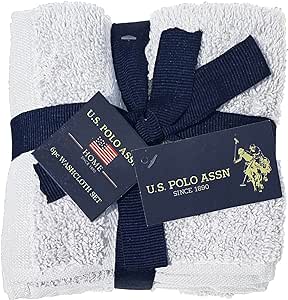 U.S. Polo Assn. 6-Pc Washcloth Set - 12x12 100% Cotton Towels for Bathroom - Soft Hand Body & Face Wash Cloth Pack, White