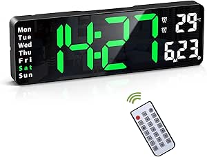 KeeKit Digital Alarm Clock with Remote, 13‘’ Large Display Wall Clock for Bedroom, Office Decor, Digital LED Clock with Automatic Brightness & Date & Temp Display & Timer - Green