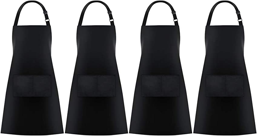 Jubatus 4 Pack Bib Aprons with 2 Pockets Cooking Chef Kitchen Apron for Women Men, Black