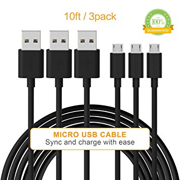 Kinps® Premium 3PCS 10ft Micro USB Cable High Speed 2.0A Male to Micro B Sync Extra Long Charging Cable for Android, Samsung, HTC, Motorola, Nokia, MP3 Players etc