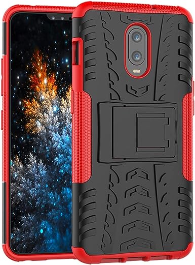 COTDINFORCA Case for OnePlus 6T Tyre Pattern Design Heavy Duty Tough Protection Case with Kickstand Shock Absorbing Detachable 2 in 1 Case Cover for OnePlus 6T (2018). Hyun Red