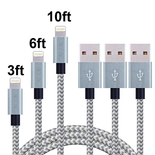 3pcs 3FT 6FT 10FT Nylon braided Charging Cable Data Sync Charging Cable 8Pin Lightning to USB Charger Cable for iPhone(Gray White)