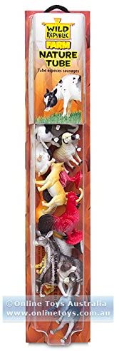 Wild Republic Farm Figurines Tube, Horse, Cow, Donkey, Duck, Sheep, Chicken, Rooster, Pig, Dog, Cat, Goat, 16 Piece playset, 1.5" to 3", Model:12883