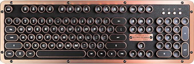 Azio Classic Retro Keyboard Artisan Mechanical Typewriter / Steampunk Keyboard with Bluetooth, Wireless, Illuminated Keys, Vintage Look, Black, Brown