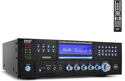 Pyle 1000W 4-Channel Audio Receiver Amplifier DVD Player-Bluetooth Compatible, FM Radio, CD, USB, 7 Inputs, Echo for Karaoke, LED Display, Powerful Speaker Amplifier, Remote Control