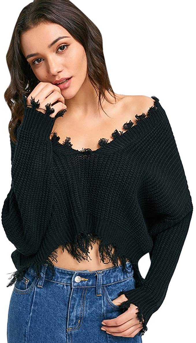 ZAFUL Women's Solid V Neck Loose Sweater Long Sleeve Ripped Jumper Pullover Knitted Crop Top
