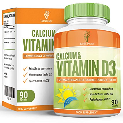 Calcium and Vitamin D3 Supplement - Suitable for Vegetarians - 90 Tablets (3 Month Supply) by Earths Design