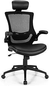 Giantex High Back Office Chair w/Flip up Armrest, Mesh Executive Chair w/PU Leather Seat, Adjustable Lumbar Support & Headrest, Ergonomic Swivel Rolling Computer Task Chair