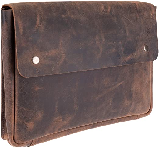 Genuine Leather Portfolio Folder & Laptop Bag – Spacious, Handmade Strapless Design – Distressed, Rustic Buffalo Leather Folder Holder – Perfect for 17” Laptops & Tablets