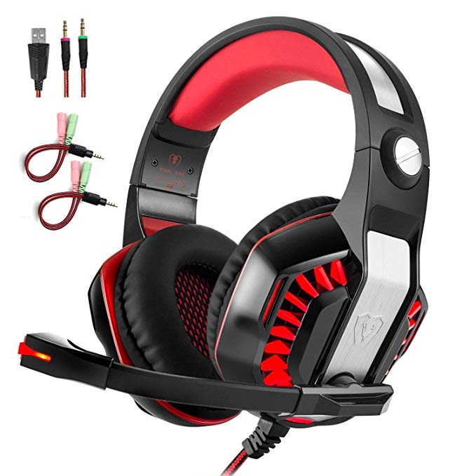 Professional Gaming Headset with Mic USB LED Light Stereo Sound for PC Xbox one ps4 iPhone Noise Isolating Over-The-Ear Headphones with Bass Surround Soft Memory Earmuffs for Nintendo Switch Games