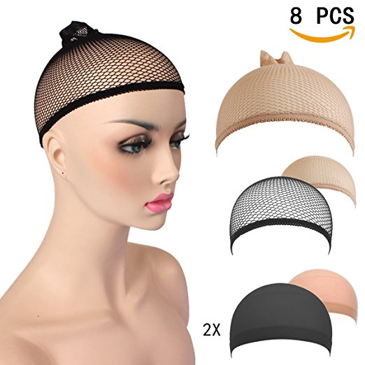 AKStore 8 PCS Wig Caps,Comfortable Soft Unisex Stocking Wig Hairnet Cap Snood,Neutral Nude Beige and Black, Nylon and Mesh