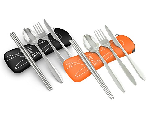 Roaming Cooking 4 Piece Stainless Steel Silverware Set Value 2-Pack | Fork, Spoon, Knife, and Chopsticks in Durable Black & Orange Neoprene Travel Cases | Sturdy, Lightweight, Rust Free, Eco-Friendly