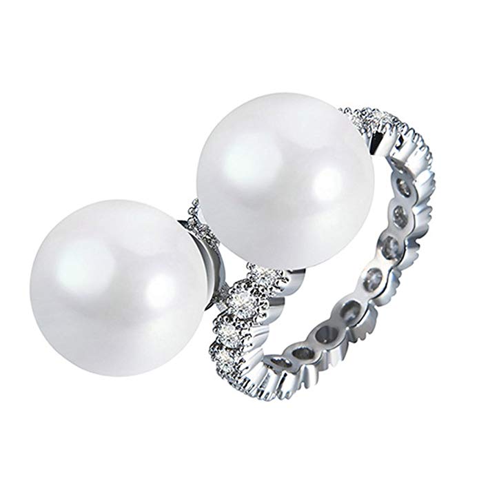 Sanwood Double Faux Pearls Shiny Zircon Inlaid Ring Women Fashion Jewelry Size 6-9