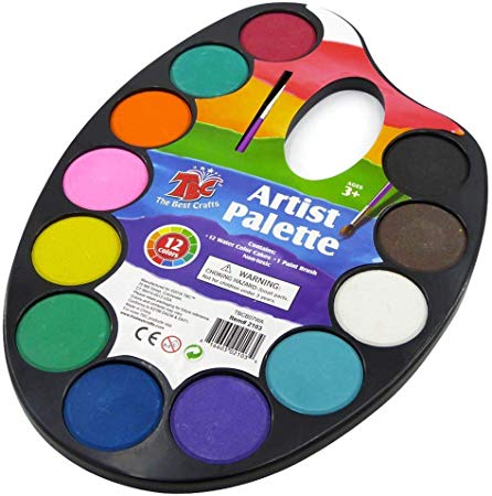TBC 12 Colors Watercolor Cake, Artist Paint Palette with Paint Brush, Educatioanl School Art Supplies for Kids, Early Learning Art Tools for Kids