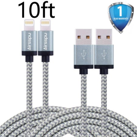 Airsspu Lightning Cable 2Pack 10ft Extra Long Nylon Braided USB Cord Charging Cable for iPhone 6s,6s plus, 6 Plus, 6, iPhone 5 ,5C ,5S, iPad Air, Mini , Mini2, iPad 4, iPod 7(Gray)