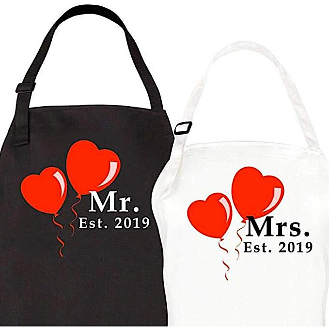 Mr. and Mrs. Aprons Est. 2019 His Hers Bridal Shower Gift Set Couples Wedding Engagement Gifts for Hubby Wifey Bride Groom