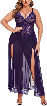 Avidlove Women's Plus Size Sexy Lingerie Lace Sleeveless Split Long Mesh Maxi Lingerie Dress