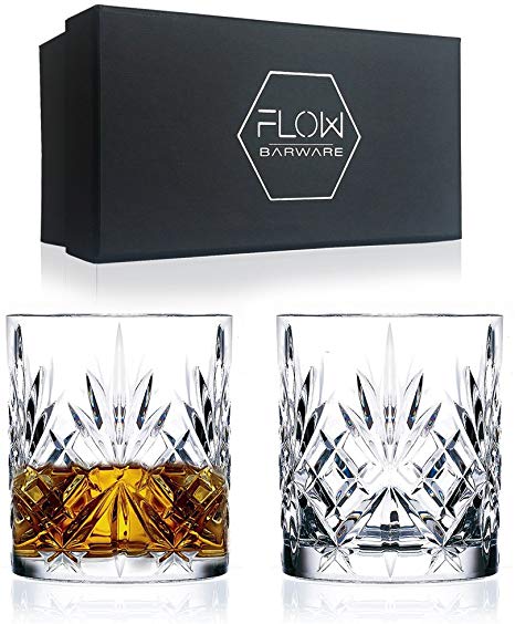 Set of 2 Crystal Whiskey Glasses, High Quality Crystal Glassware by FLOW Barware Classic Crystal Glasses Perfect for Scotch, Bourbon Gin & Tonic, Cocktails and More