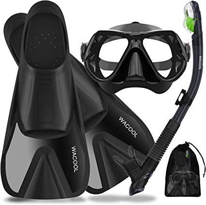 WACOOL Snorkeling Package Set for Adults, Anti-Fog Coated Glass Diving Mask, Snorkel with Silicon Mouth Piece,Purge Valve and Anti-Splash Guard w/Travel Short Swim Fins