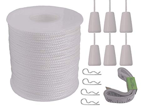 Y-Axis Roll of 60 Yards 2.0mm White Braided Nylon Lift Shade Cord with 6 Pack White Wood Cord Knobs   Soft Tape