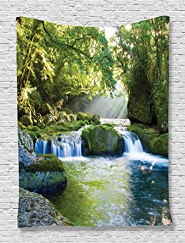 Ambesonne Rainforest Waterfall Decor Collection, Foliage Jungle Misty Mountains and Mossy Rocks View Print, Bedroom Living Kids Girls Boys Room Dorm Accessories Wall Hanging Tapestry, Green Gray