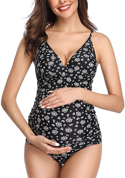 Women Maternity Swimsuit Cross Back One Piece Pregnant Monokini Beachwear