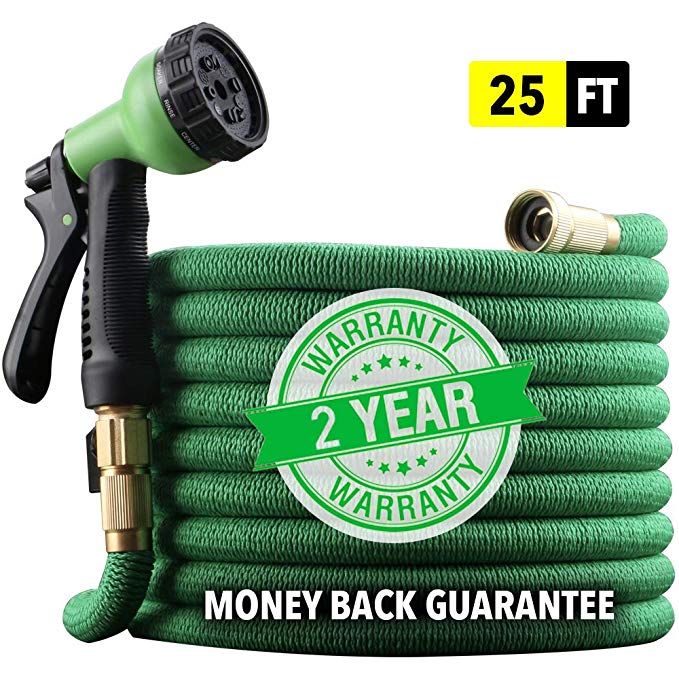 [2019 NEW] HEAVY DUTY 25 ft Non-Kink Expandable Garden Hose, 10-PATTERN Spray Nozzle INCLUDED, 3/4” Brass Fittings with Shutoff Valve, STRONGEST EXPANDABLE 25-FOOT HOSE - 2 YEAR WARRANTY - GREEN