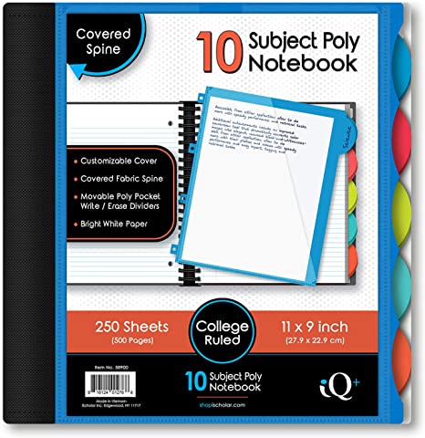 IQ iScholar Poly Cover 10 Subject Notebook, College Ruled, 11 x 8.5", 250 Sheets, Color Will Vary (58900)
