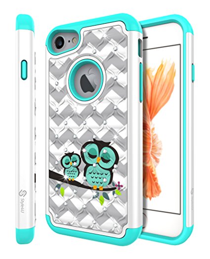 iPhone 8/iPhone 7 Case, Style4U Cute Owl Shock Resistant Studded Rhinestone Crystal Bling Hybrid Armor Case Cover for Apple iPhone 8 2017 and iPhone 7 2016 with 1 Style4U Stylus [White / Teal]