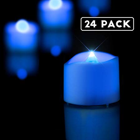 Homemory LED Tea Lights Candles, Set of 24 Flickering Flameless Tea Candles, Long-Lasting Battery Operated Tea Lights, Indigo Blue Electric TeaLight (White Base), 1.4'' W X 1.25'' H