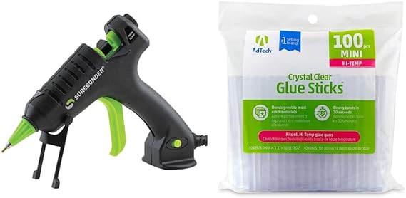 Surebonder H-195F Mini Fine Tip Hot Glue Gun Black/Green by The Yard & Adtech Crystal Clear Hot Glue Gun Sticks (W229-34ZIP100) – Mini Size, High Temp, Hot Glue Sticks, Pack of 100, 4” Sticks