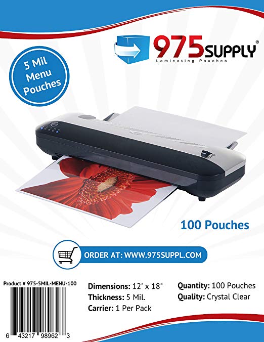 975 Supply - 5 Mil Clear Menu Size Thermal Laminating Pouches - 12" X 18" - 100 Pouches