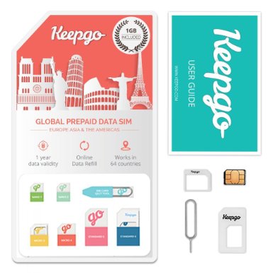 Keepgo Global Lifetime Data SIM Card for Europe, Asia & the Americas   1GB credit