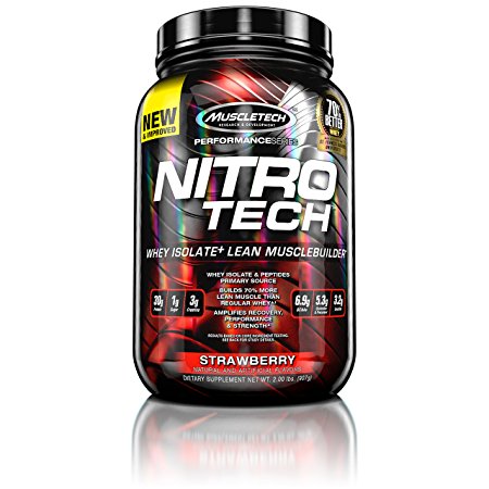 MuscleTech NitroTech Whey Protein Powder, Whey Isolate and Peptides, Strawberry, 2 Pound
