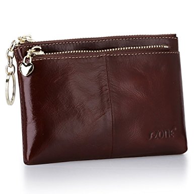 S-ZONE Women's Genuine Leather Triple Zipper Small Wallet Change Coin Purse Card Holder with Key Ring