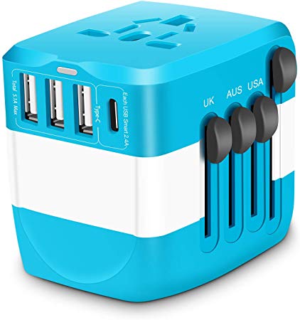 Travel Adapter Universal 2300W 110-250V 10A Power Adapter w/ 4 USB Ports 1 AC Outlet Travel Charger Plug Adapter for Phone Camera Hair Dryer and More Electronics in EU UK US AU Over 150 Countries