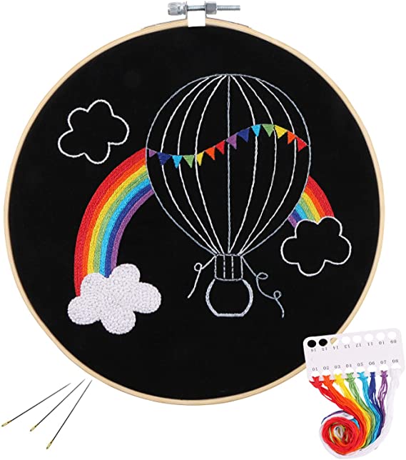 Full Range of Embroidery Starter Kit with Pattern, Kissbuty Cross Stitch Kit Including Embroidery Cloth with Pattern, Bamboo Embroidery Hoop, Color Threads and Tools Kit (Rainbow Hot Air Balloon)