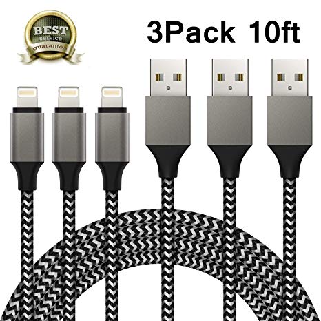 iPhone Charger, Sundix Lightning Cable 3Pack 10FT iPhone 8 Charger Cable Charging Cord Compatible iPhone XR XS X 8 8Plus 7 7Plus 6s 6sPlus 6 6Plus SE 5 5s 5c iPad iPod & More (Black) (black)