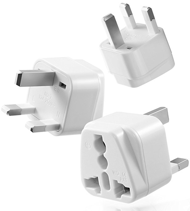 Universal Plug (3 Pack), Fosmon US to UK Grounded Power Coverter, Wall Outlet Type A to Type C Adapter for International Travel - White