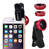 KingMas Universal Clip-on 3 in 1 Fisheye Wide Angle Macro Camera Lens for iPhone 5 5S 4 4S Samsung HTC Red