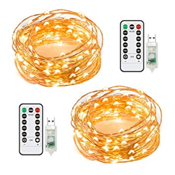 2 Pack 50 LED 16.4Ft Fairy String Lights, Warm White Firefly USB Powered Starry Lights with Remote Control, Waterproof Copper Wire Decorative String Lights for Bedroom, Christmas, House & Yard