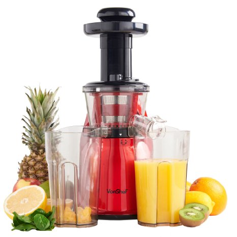 VonShef Professional Red Slow Masticating Juicer - Free 2 Year Warranty - Quiet Motor, Highly Efficient Juice Extraction