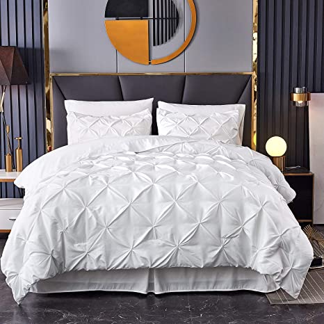 HAOK Bed in a Bag Set - 8 Pieces Pinch Pleat Bedding Comforter Sets, Pintuck Microfiber Down Alternative Queen Comforter Set (White, Queen)