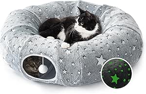 Love's cabin Cat Tunnel Bed Tube with Cushion and Plush Ball Toy Playground Crinkle Collapsible Self-Luminous for Large Cats Kittens Kitty Small Animals Puppy Grey Star