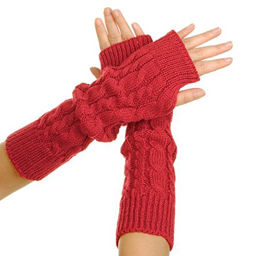 Pair Lady Braided Knitted Crochet Long Soft Arm Fingerless Winter Warmer Gloves