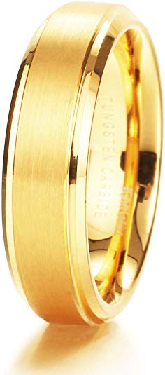 King Will Glory Womens Mens 6mm Matte Brushed Tungsten Carbide Ring 14K Yellow Gold Wedding Band Comfort Fit