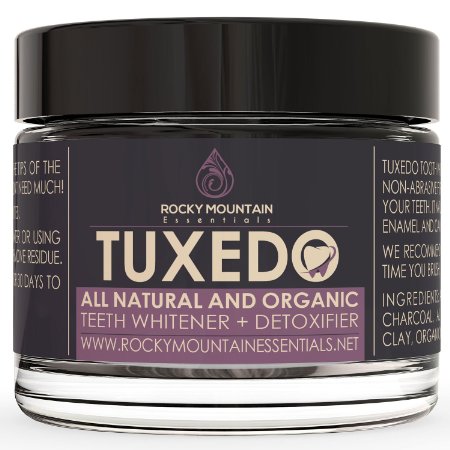 All Natural Charcoal Teeth Whitening, 'Tuxedo' Tooth and Gum Powder By Rocky Mountain Essentials. Coconut Activated Charcoal and Bentonite Clay Formula. Use for 30 Days.